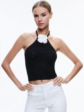 Alice + Olivia Bessie Crochet Flower Halter Top Black/Soft White Size Medium NWT